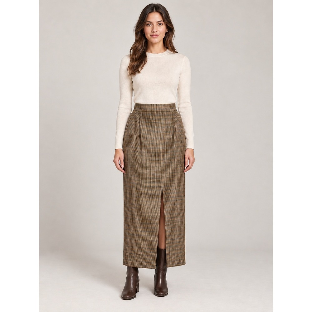 preppy equestrian heritage luxury old money brown plaid maxi pencil skirt small